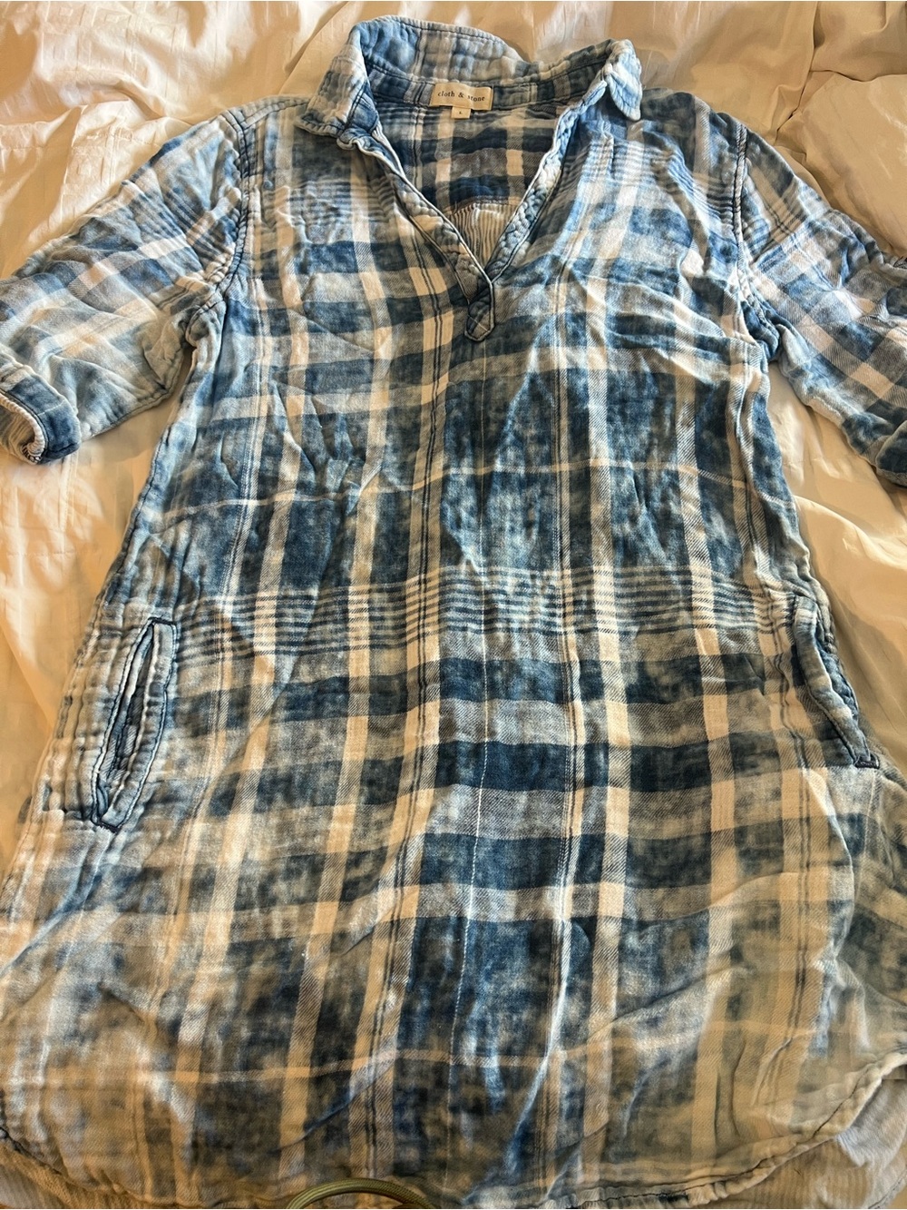 Light Blue Plaid womens Shirt - Casual v neck